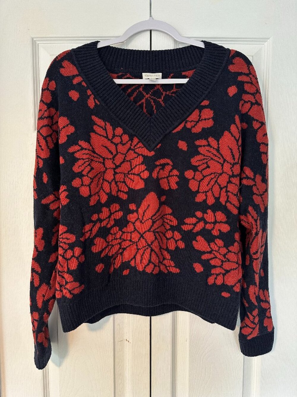Garnet Hill Everly Jacquard Alpaca Pima Cotton Sweater Floral V Neck Womens XS